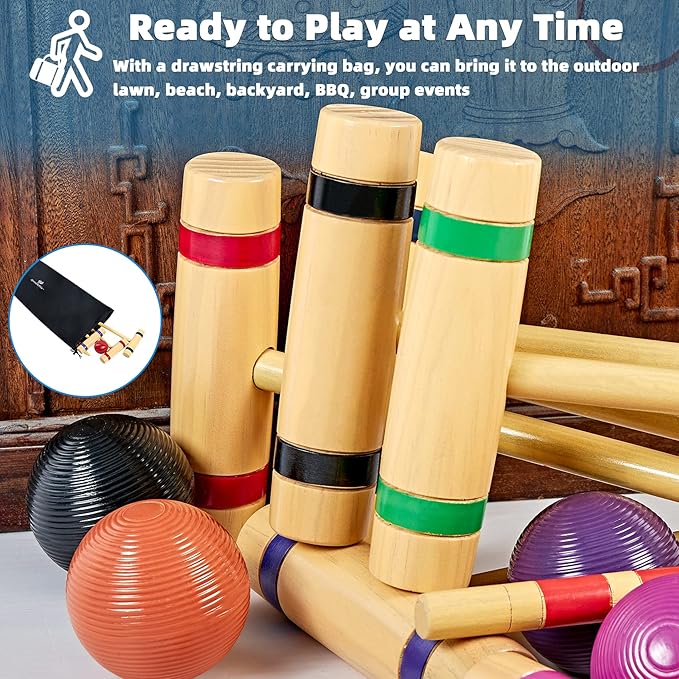 28In Croquet Party Set for 8 Players - Made of Long-Lasting Pine Wood, Family Fun for Backyards, Camping and More, Comes with Colorful Mallets, PE Balls, Wickets, Stakes, and Carrying Bag