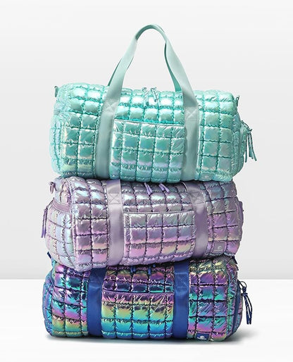 Quilted Duffel Bag for Women, Puffer Gym Duffle Bag with Shoe Compartment Lightweight Large Crossbody Sport Travel Bag Tote Blue Glacier