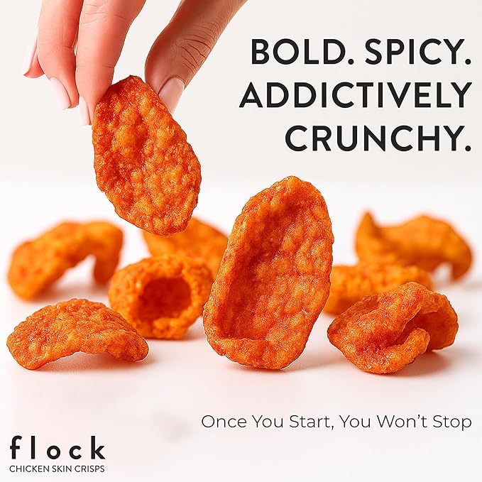 Flock Keto Chicken Skin Chips – Tapatio Flavor, Low Carb, High Protein, Gluten-Free Chicken Crisps, Keto Snack, Low Carb Chips, Protein Crackers, Diet Snacks, 8-Pack (1oz)