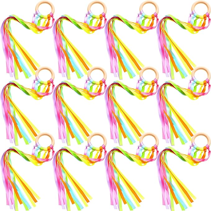 12 Pcs Rainbow Ribbon Wooden Waldorf Toys Creative Waldorf Hand Kite Set Streamers with Wood Ring Sensory Learning Educational Toy for Playroom Dancing Birthday (Fresh Color)