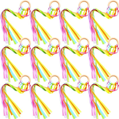 12 Pcs Rainbow Ribbon Wooden Waldorf Toys Creative Waldorf Hand Kite Set Streamers with Wood Ring Sensory Learning Educational Toy for Playroom Dancing Birthday (Fresh Color)