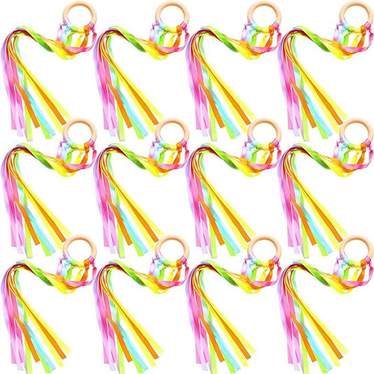 12 Pcs Rainbow Ribbon Wooden Waldorf Toys Creative Waldorf Hand Kite Set Streamers with Wood Ring Sensory Learning Educational Toy for Playroom Dancing Birthday (Fresh Color)