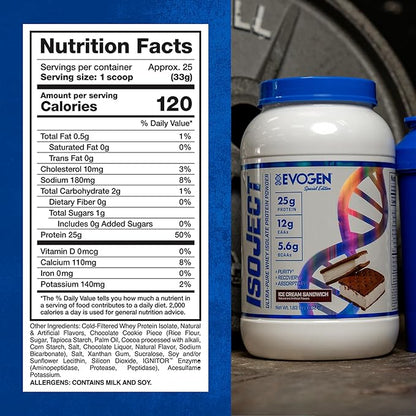 Evogen Isoject - Whey Protein Isolate | Ultra-Pure Whey Protein Powder with Ignitor Enzymes, BCAAs, and EAAs | Enhanced Absorption & Recovery | Ice Cream Sandwich | 25 Servings