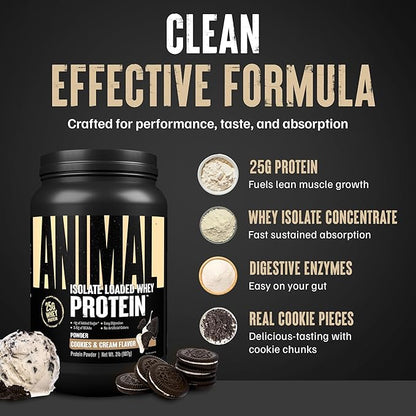 Animal Whey Isolate Protein Powder - Loaded for Pre & Post Workout Muscle Builder and Recovery with Digestive Enzymes for Men & Women - 25g Protein, Great Taste, Low Sugar - Cookies & Cream 2 lbs