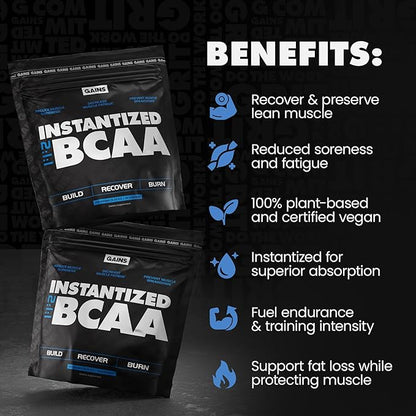 Gains in Bulk BCAA Powder, Pre Workout Plant Based Branch Chain Amino Acids, Gluten Free, Vegan Supplement with Keratin for Endurance & Strength During & Post Workout, Unflavored, 30 Servings