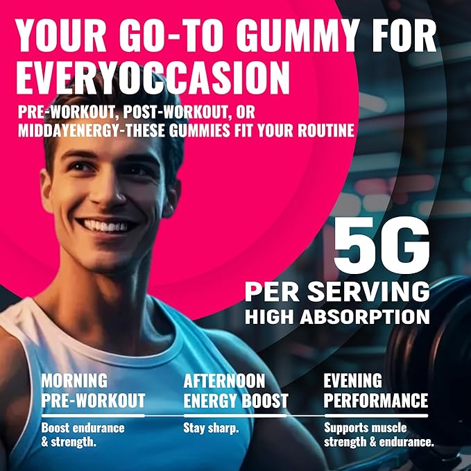 Creatine Monohydrate Gummies (5g) – Pre-Workout Energy & Muscle Growth Support for Men & Women | Raspberry Electrolyte Gummies (135 Count)