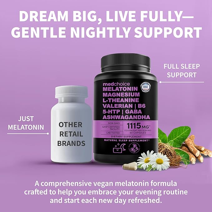 12-in-1 Melatonin Sleep Capsules - Natural Sleep Aids for Adults with Melatonin 5mg and Magnesium Glycinate 500mg, Sleep Aid with Ashwagandha, L Theanine, Valerian Root, GABA, 5-HTP (90ct, Pack of 2)