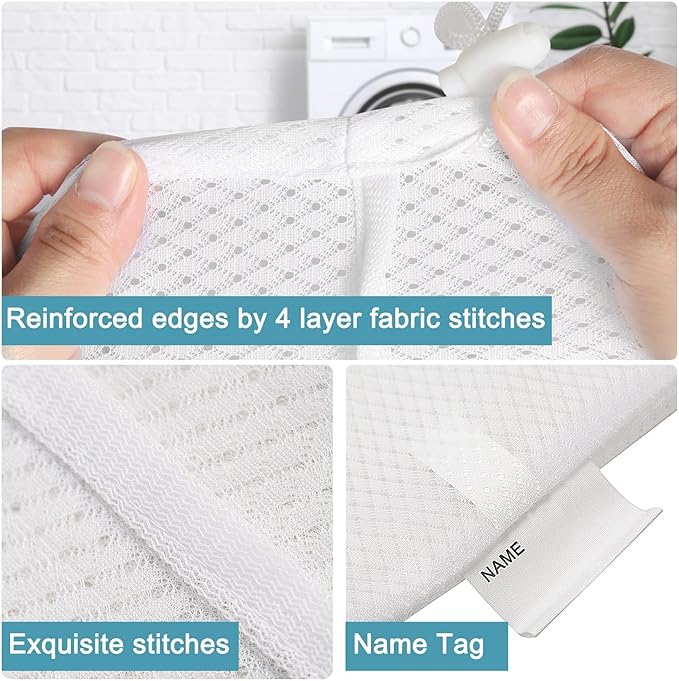 Polecasa Extra Heavy Duty Large Diamond Mesh Laundry Bags with Drawstring Closure & ID Tag, 24 x 36 inches Washable Storage Bag, Laundry Accessory for Hamper, College, Travel, Sports, Dorms, White