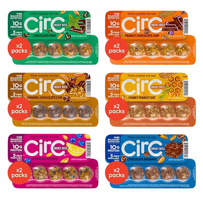 CirC Energy Bites - New Variety 12 Pack Gluten Free Protein Balls - 10g Protein, Whole Grains, Nuts & Fruit - Portable Healthy Snacks for Adults & Kids, 5 Piece Resealable Packs