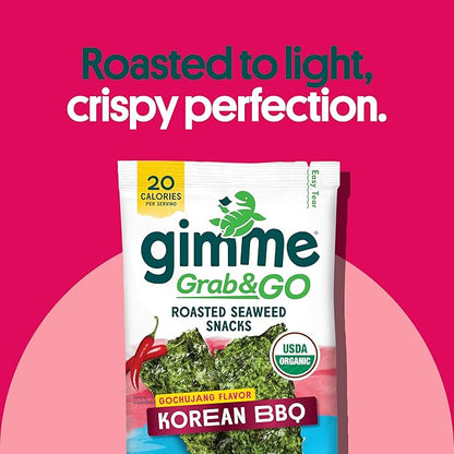 Gimme Seaweed Grab & Go Organic Premium Roasted Seaweed Snacks, Korean BBQ, 5 Count Trayless, Keto, Vegan, Gluten-Free, Source of Omega3s, Healthy On-The-Go Snack for Kids & Adults