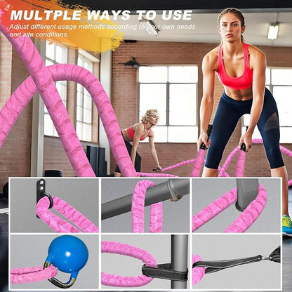 Battle Ropes for Home Gym,1.26inch 30ft Long Pink Battle Ropes with Protective Cover - Workout Equipment Heavy Exercise Rope for Strength Training for Kids or Adults