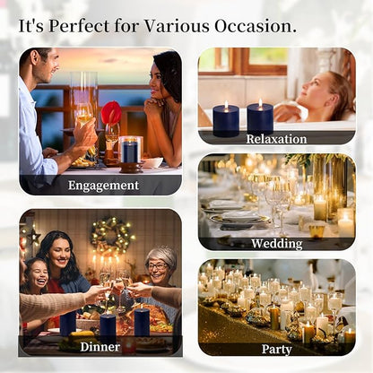 KONNI Navy Blue Pillar Candles Set of 3, 3"x 6" Unscented Pillar Candles Bulk, 56 Hours Long Burning Candles, Smokeless&Dripless Large Round Candle for Wedding, Home Decoration, Parties, Spas, Dinner