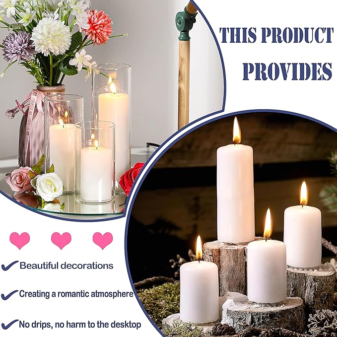 36 Pcs White Pillar Candles Bulk Set，Hurricane Candlesï¼? Different Lengths (12 Each)，Dripless Unscented Smokeless，Gives You a Better Atmosphere When Organizing an Event Party.