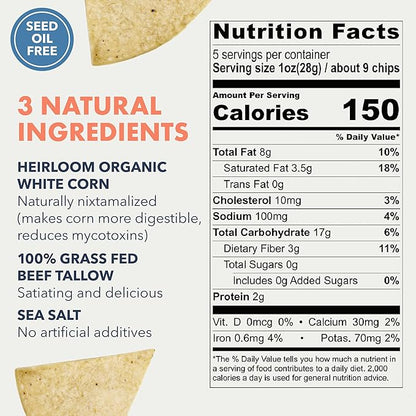 MASA Tortilla Chips Snack Pack - Seed Oil Free Snacks, Organic Chips Tortilla - Gluten & Dairy Free, Naturally Grown Corn Chip - Made with Grass Fed Tallow & Sea Salt (6 Pack, 5oz Each - White Corn)
