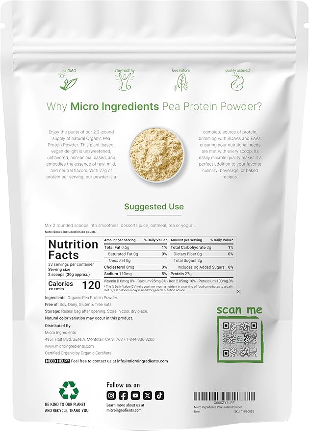 Micro Ingredients North America Grown, Organic Pea Protein Powder, 1KG (2.2 Pounds) | Plant-Based Vegan Protein, Meatless Protein Supplement, Rich in Branched Chain Amino Acids | Non-GMO, Soy Free