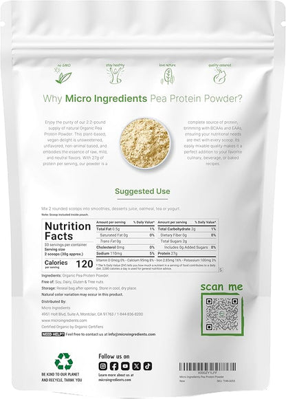 Micro Ingredients North America Grown, Organic Pea Protein Powder, 1KG (2.2 Pounds) | Plant-Based Vegan Protein, Meatless Protein Supplement, Rich in Branched Chain Amino Acids | Non-GMO, Soy Free