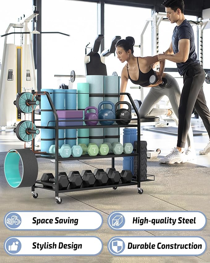 Weight Rack for Dumbbells - Home Gym Storage Rack - Dumbbell and Weight Organizer with 4 Flexible Wheels and Unique Storage on Both Sides