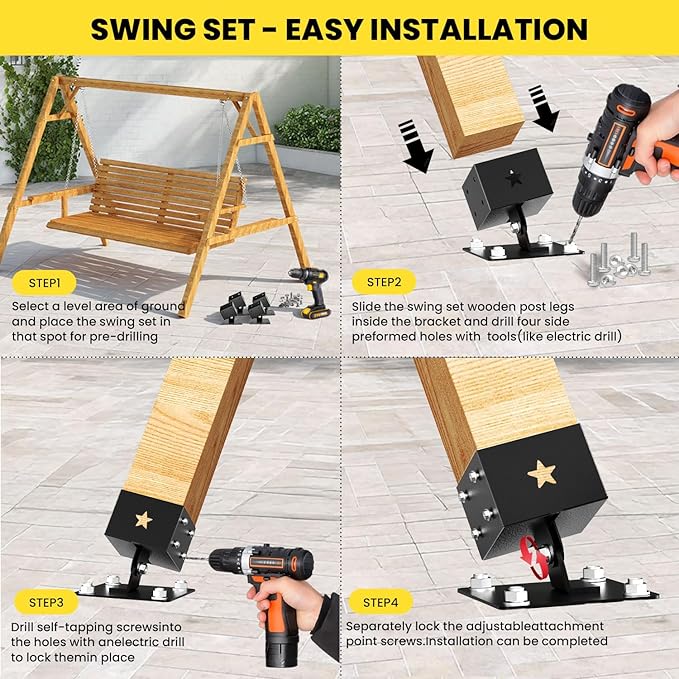 4 Pack Adjustable Swing Brackets, Heavy Duty Stainless Steel Swing Set Kit for 4"x4"(Actual 3.5"x3.5") Wood Post,Protects Wood Legs,Enhances Stability, Suitable for Outdoor Patio, Garden, Black