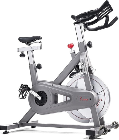 Sunny Health & Fitness Indoor Cycling Exercise Bike w/Pulse Sensors & 4-Way Adjustable Seat, Stationary Home Cardio Training Machine w/Micro-Adjustable Magnetic Resistance for Intensive Cardio Session