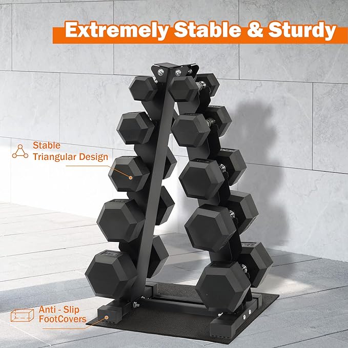 Rubber Coated Hex Dumbbell Weight Sets and Storage Rack, 100LB Set or 150LB Set, 5-20 lbs Pairs or 5-25 lbs Pairs