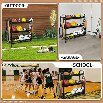 STORAGE MANIAC Basketball Rack 3-Shelf Training Stand Ball Holder Sports Ball Cart Garage Organizer Ball Basket Storage, Ball Rack for Garage or Gym, Indoor & Outdoor Sports Equipment Organizer