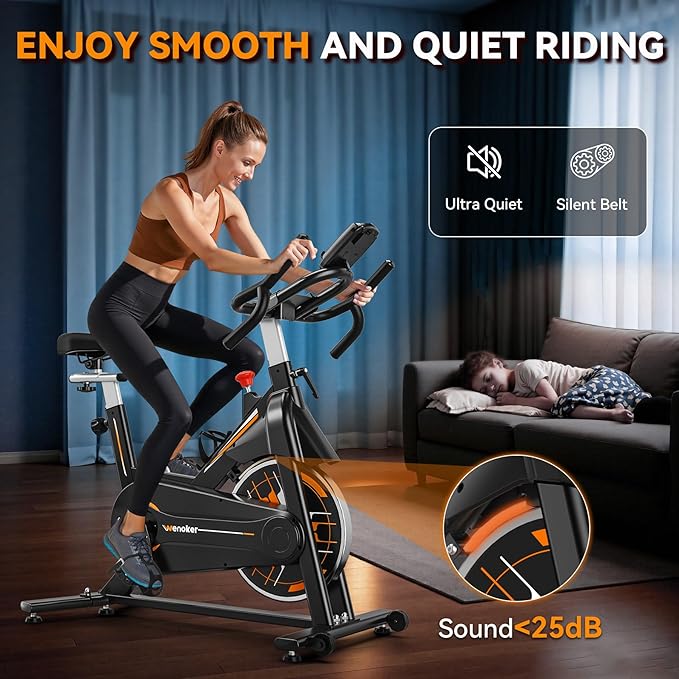Exercise Bike, Wenoker Stationary Bike for Home, App Supported Indoor Bike with Silent Belt Drive, Heavy Flywheel, Multi-grips Handlebar and Upgraded Digital Display