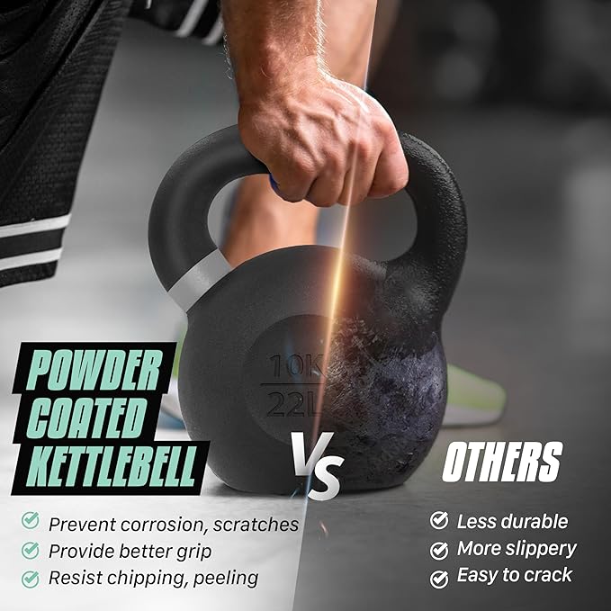Yes4All Kettlebell, Heavy Duty Powder Coated Cast Iron Kettlebells, Non-Slip Handle & Flat Bottom for Conditioning, Strength Training & Full Body Exercises at Home Gym - Single & Pair