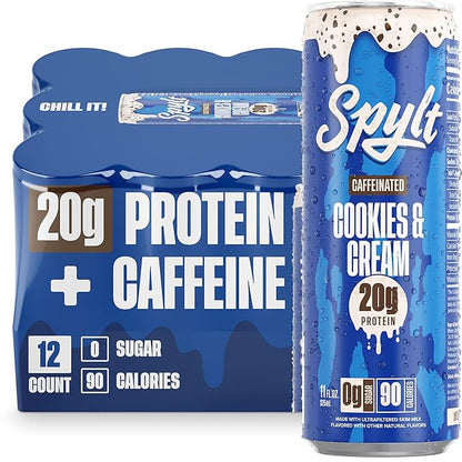Spylt High Protein Cookies & Cream Milk with 60mg Caffeine & 20g Protein - 90 Calories, Ready to Drink, Sugar Free, Lactose Free Milk, Perfect for Workout Recovery & Afternoon Pick Me Up - 12 Count
