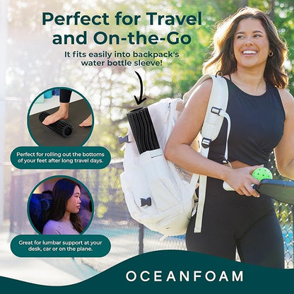 Oceanfoam Ripple Travel Foam Roller (11" x 3.35") Firm Mini Foam Roller for Physical Therapy, Deep Tissue Massage, Back Pain - High Density, Ergonomic Wave Textured - Yoga, Pilates, Exercise (Black)