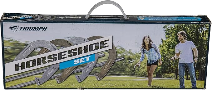 Triumph Forged and Steel Horseshoe Set Complete with 4 Horseshoes, 2 Stakes - Patriotic or Blue and Grey Colors - Perfect Addition for Parties and Outdoor Gatherings
