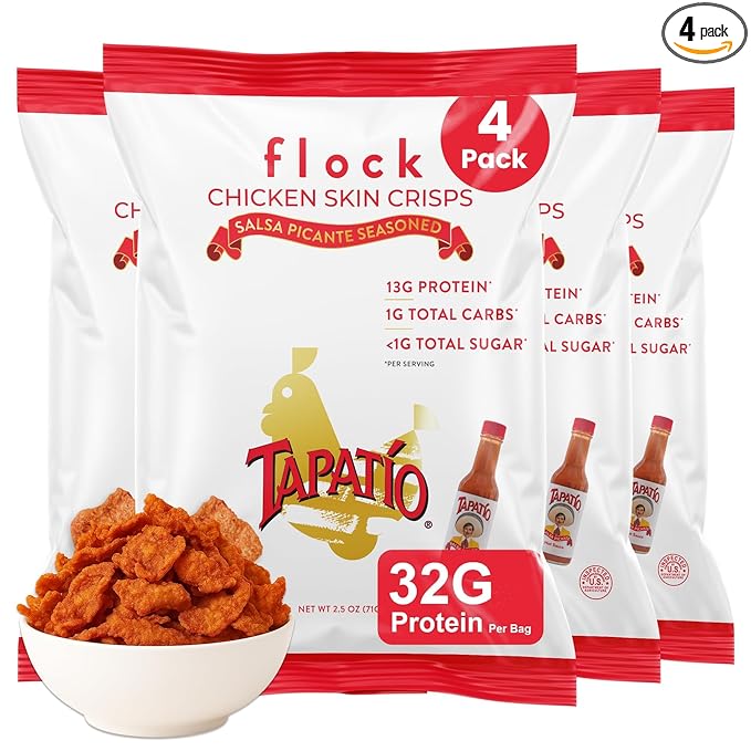 "Flock Keto Chicken Skin Chips | Tapatio Flavor | Low Carb, High Protein, Sugar Free, Gluten Free | 4-Pack (2.5oz)