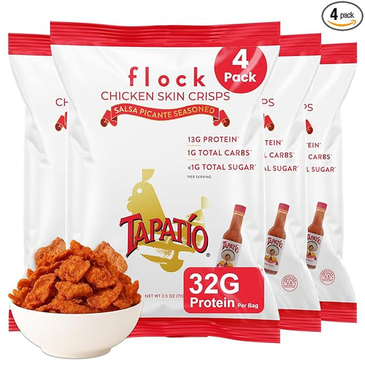 "Flock Keto Chicken Skin Chips | Tapatio Flavor | Low Carb, High Protein, Sugar Free, Gluten Free | 4-Pack (2.5oz)