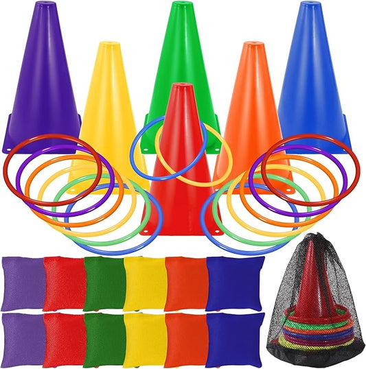 31PCS 3 in 1 Ring Toss Game Carnival Combo Set,Soft Plastic Cones Bean Bags Ring Toss Games,Carnival Games for Kids Adults Birthday Party Throwing Backyard Lawn Game Indoor Outdoor Games Supplies
