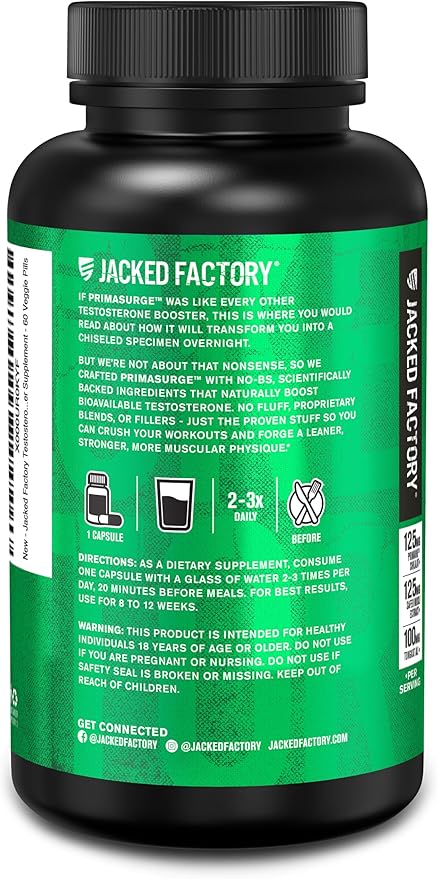 Jacked Factory Testosterone Booster for Men PRIMASURGE - w/Tongkat Ali, PrimaVie, Ashwagandha - Boost Vitality, Muscle Growth & Energy | Natural Test Booster Supplement - 60 Veggie Pills