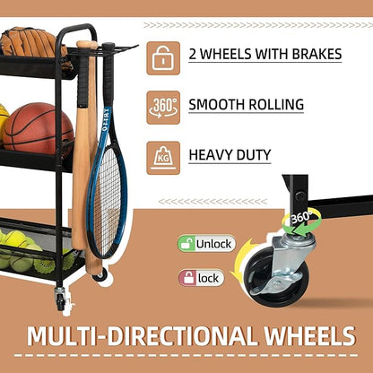 STORAGE MANIAC Basketball Rack 3-Shelf Training Stand Ball Holder Sports Ball Cart Garage Organizer Ball Basket Storage, Ball Rack for Garage or Gym, Indoor & Outdoor Sports Equipment Organizer