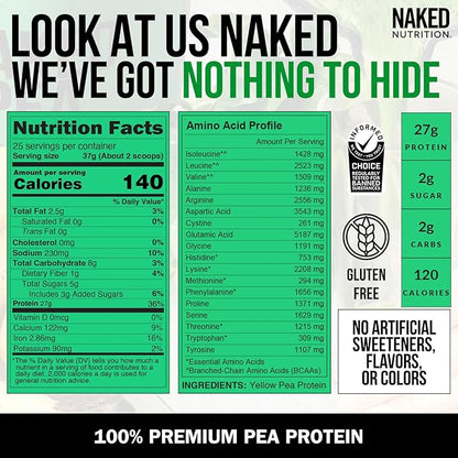 NAKED Pea - 2LB 100% Pea Protein Powder from North American Farms - Unflavored Vegan Pea Protein Isolate - Plant Protein Powder, Easy to Digest - 30 Servings