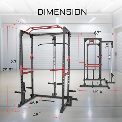 Fitness Reality Power Cage Squat Rack with Optional LAT Pulldown, Cable Crossover, 800 lb Capacity, Multi-Grip Pull-Up Bar, Adjustable Safety Bars, Strength Training for Home Gym