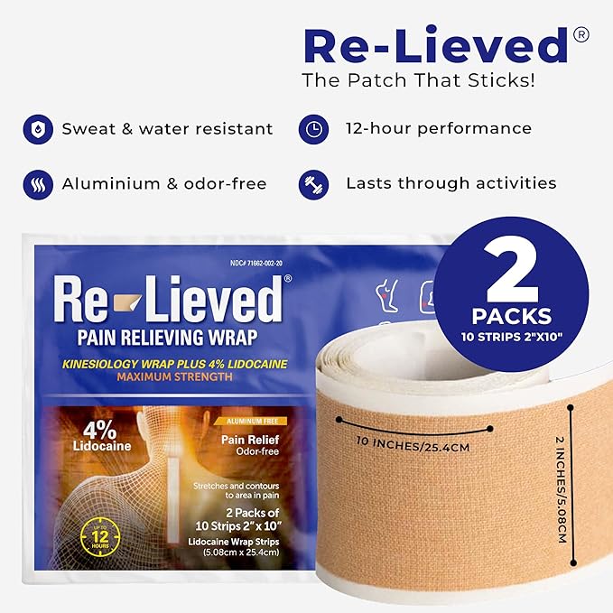 4% Lidocaine Maximum Strength Pain Relief Kinesiology Tape - Relieves Back, Joints and Muscle Pains - Superior Sticking, Aluminum-Free Water Resistant, and USA Made - 2" x 10" Strips (20 Pcs)