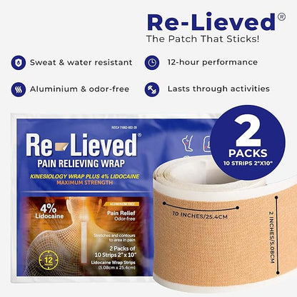 4% Lidocaine Maximum Strength Pain Relief Kinesiology Tape - Relieves Back, Joints and Muscle Pains - Superior Sticking, Aluminum-Free Water Resistant, and USA Made - 2" x 10" Strips (20 Pcs)