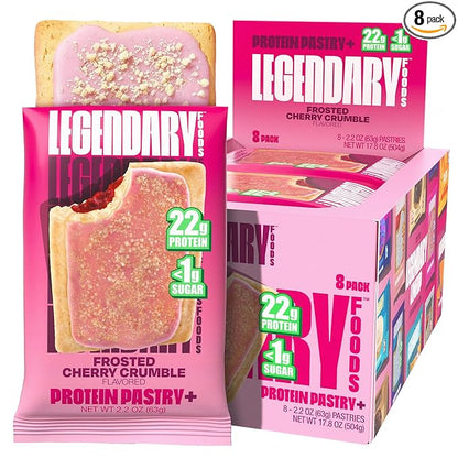 Legendary Foods 22g Protein Pastry+ Cherry, Low Carb Meal Replacement Bar - Low Glycemic, Gluten Free Protien Snacks - Healthy Keto Snack Box 8 Zero Sugar Energy Bars - Bariatric Diabetic Friendly