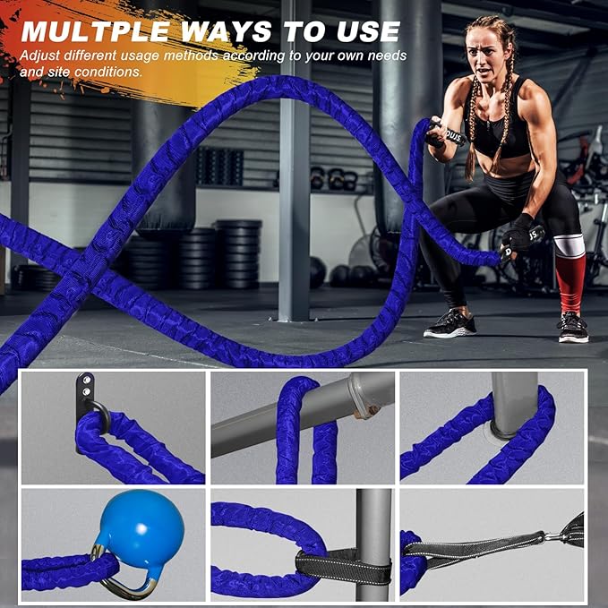 Battle Ropes for Home Gym 1.5Inch Diameter 30FT Lengths Workout Heavy Battle Ropes for Exercise Training Weighted Rope, Working Out Exercise Equipment with Protective Cove - Blue