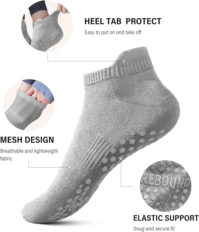 DIBAOLONG Pilates Socks with Grips for Women Yoga Socks Non Slip Barre Hospital Socks 6-Pairs Grippy Ankle Socks