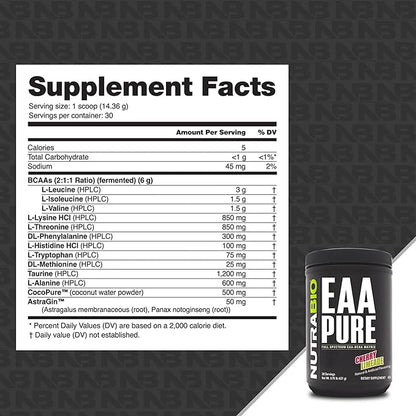 NutraBio ??EAA Pure ??9 Amino Acids ??Muscle Repair and Recovery, 30 Servings, Cherry Limeade ??Pre or Post Workout ??All Day Recovery