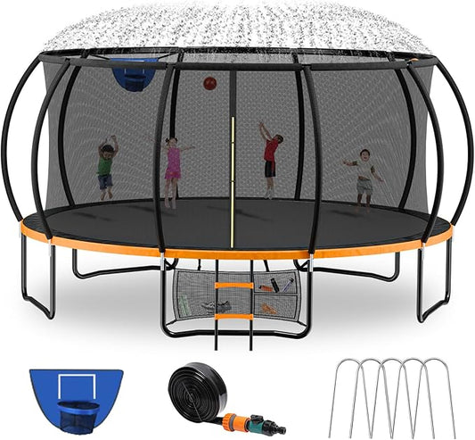 14FT & 16FT Trampoline for Kids & Adults, Big Round Trampoline with Basketball Hoop, Sprinkler & ASTM Certified