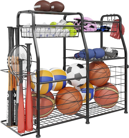 Garage Sports Equipment Organizer - Ball Storage Rack with Elastic Rope or Wire Mesh,Garage Organizer System with Wheels,Indoor/Outdoor Sports Rack for Sports Gear and Toys Storage,Black