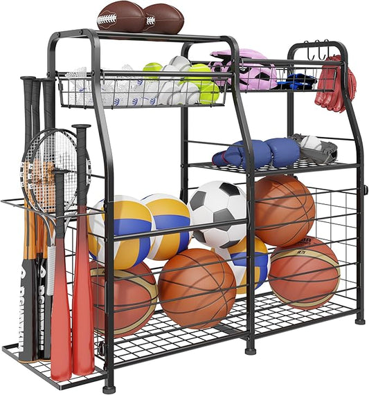 Garage Sports Equipment Organizer - Ball Storage Rack with Elastic Rope or Wire Mesh,Garage