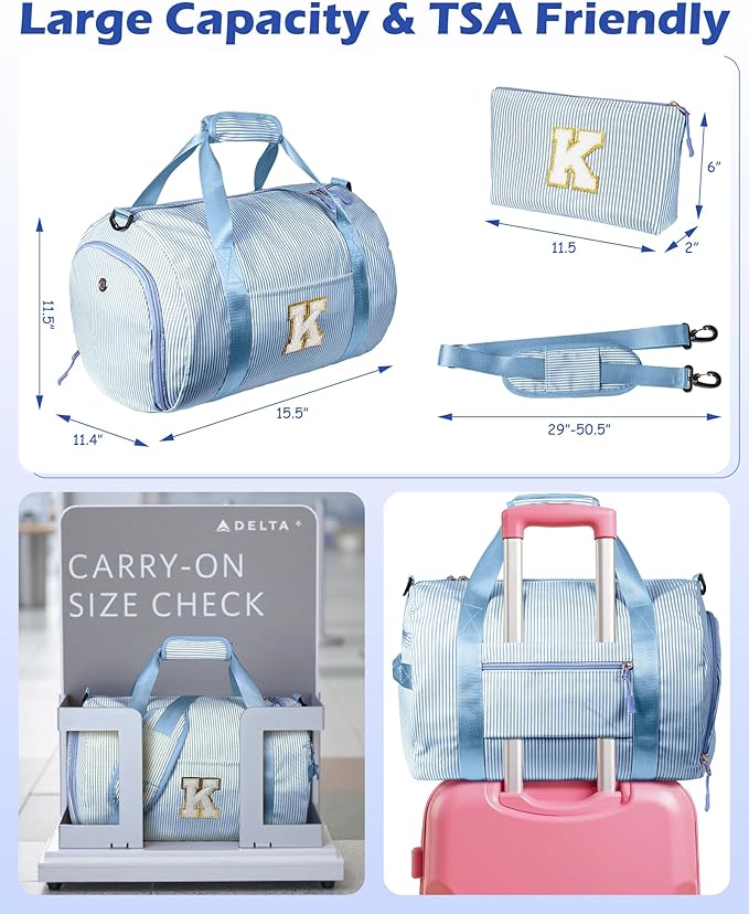 Daughter Gift from Mom, Girl Gym Bag, Kids Initial Overnight Duffel Bags with Shoe Compartment, Personalized Travel Bag with Makeup Pouch, Preppy Things for Preteen (Letter E)