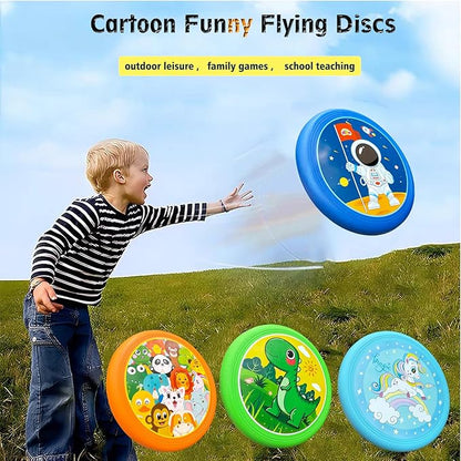 Cartoon Flying Discs Set for Kids Soft Platic Outdoor Family Game Beach Toys, 4 Pack, 20cm, 60g Each, Vivid Colors(Unicorn Horse,Dinasour,Zoo Animals, Astronauts)