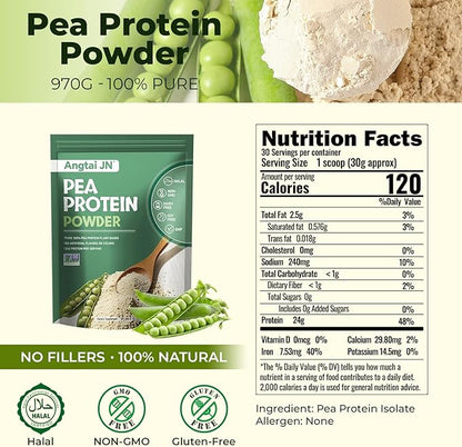 Pea Protein Powder, 24g of Plant-Based Protein, Unflavored, Vegan, Gluten-Free, Non-GMO, No Added Sugar, Easily Digested Isolate Form, 2 lb (30 Servings), Ideal for Vegetarians, Fitness