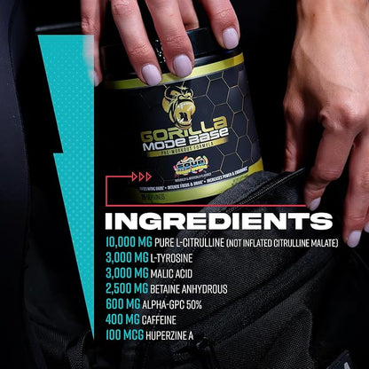 Gorilla Mind Base Pre Workout - Raises Nitric Oxide Intense Focus & Drive Endurance Power - L-Citrulline, L-Tyrosine, Betaine, Alpha-GPC, Caffeine, Huperzine A - 360 Grams (Cherry Blackout)